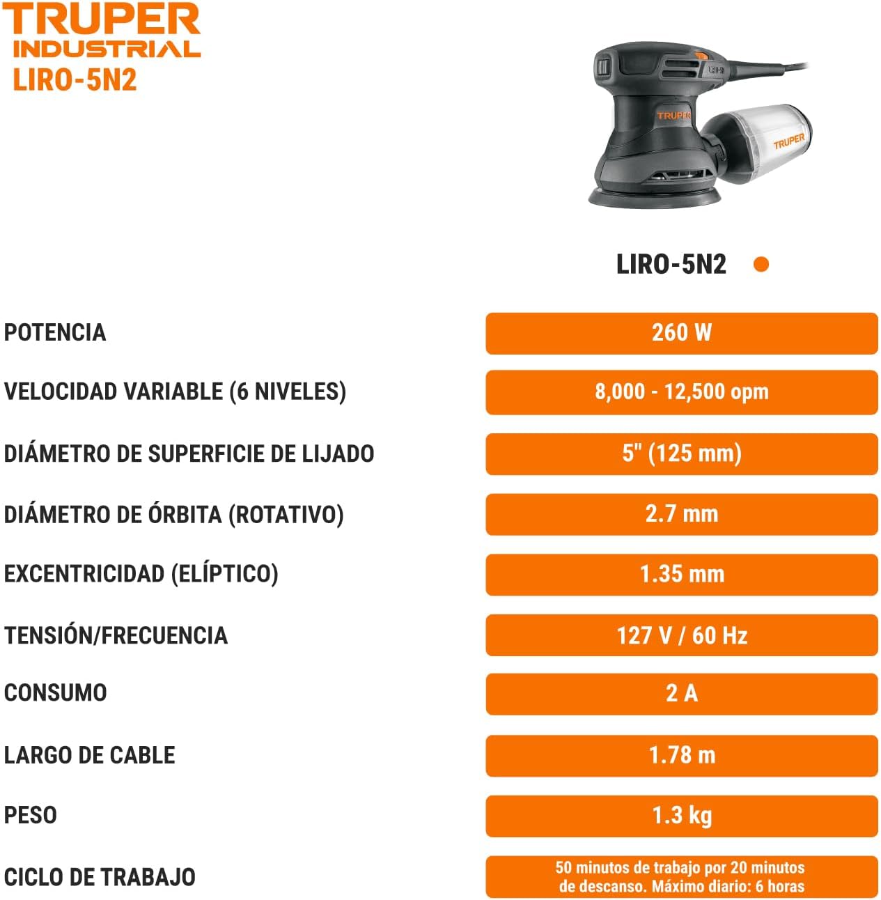 Truper Industrial LIRO-5N2, Lijadora roto orbital 5", 260W
