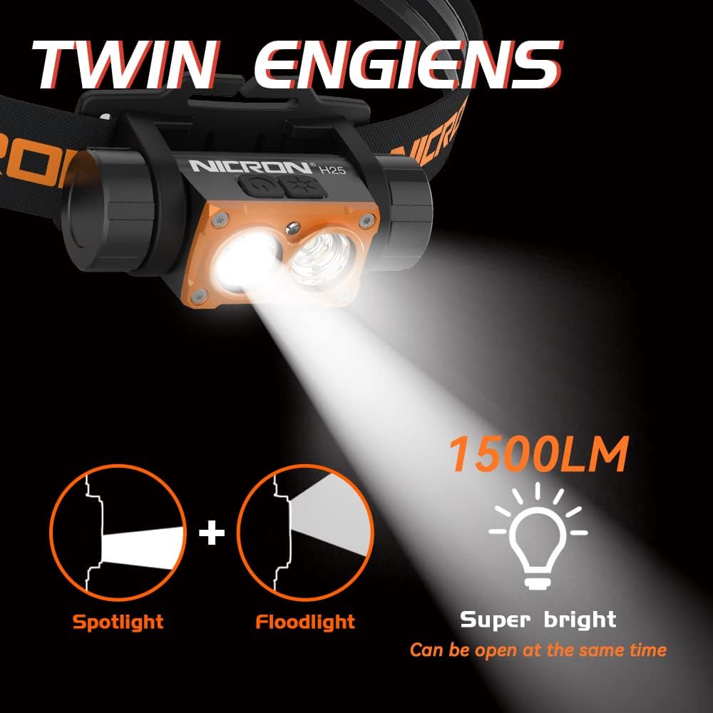 NICRON Linterna Led Recargable por USB para Emergencias Ligera E Impermeable 7 Modos Cinta Ajustable para La Cabeza Adec