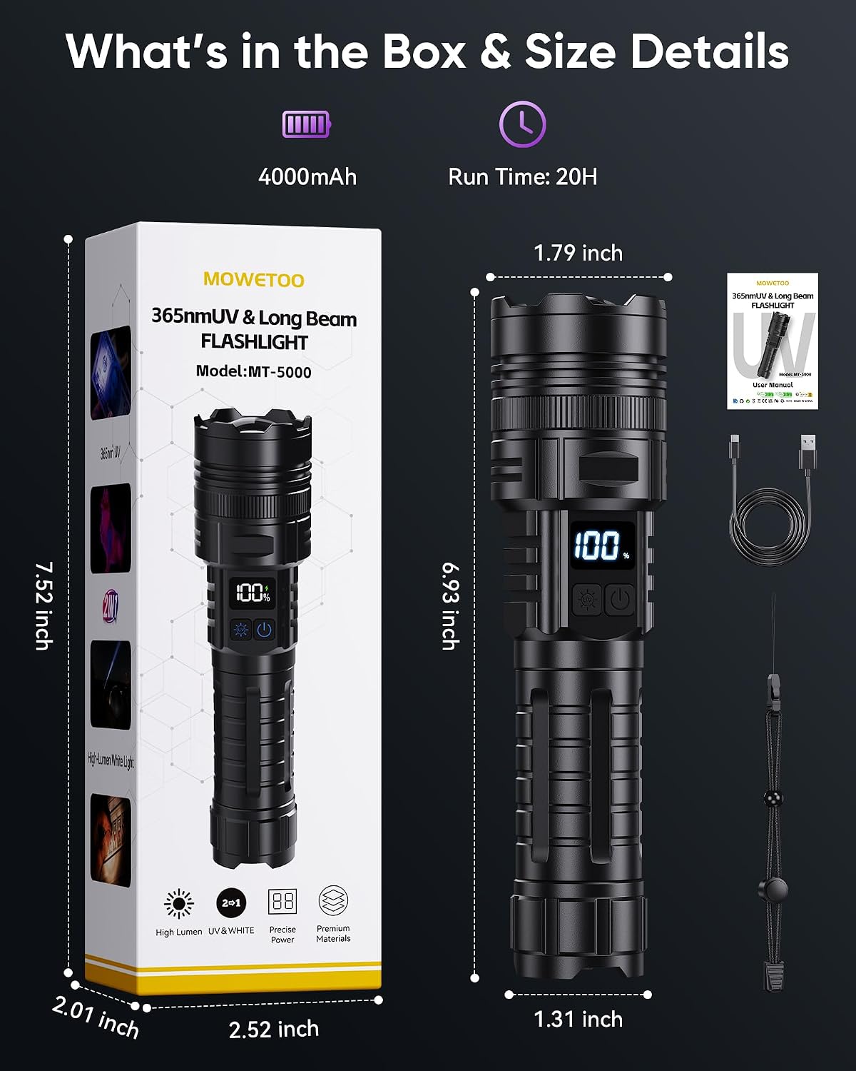 Linterna recargable con luz UV y luz blanca, luz negra de 365 NM y luz blanca de alto lúmen con pantalla LCD, 6 modos zo