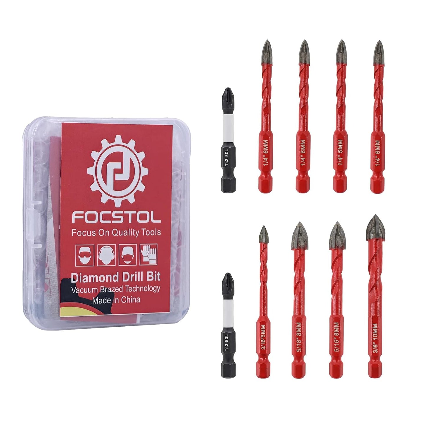 FOCSTOL Juego de Brocas Diamantada 10 piezas, 3/16''-3/8'' Brocas para Taladrar Agujeros en Azulejos Porcelánico Cerámic