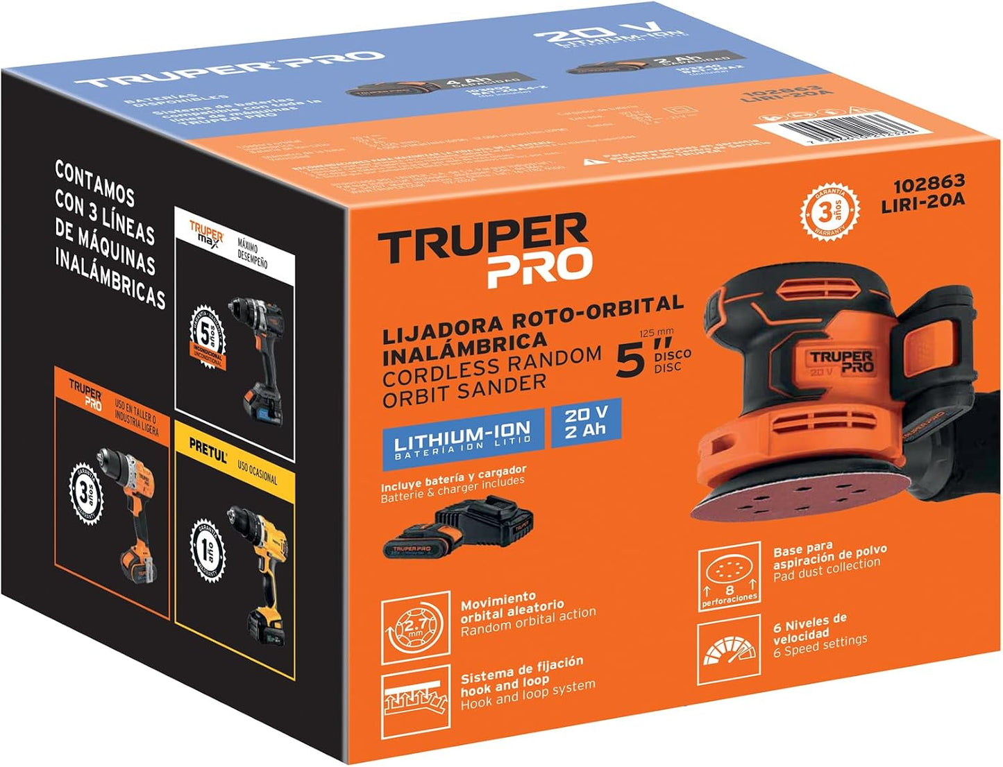 Truper PRO LIRI-20A, Lijadora roto-orbital 5" inalámbrica 20 V con 1 batería de 2 Ah y 1 cargador