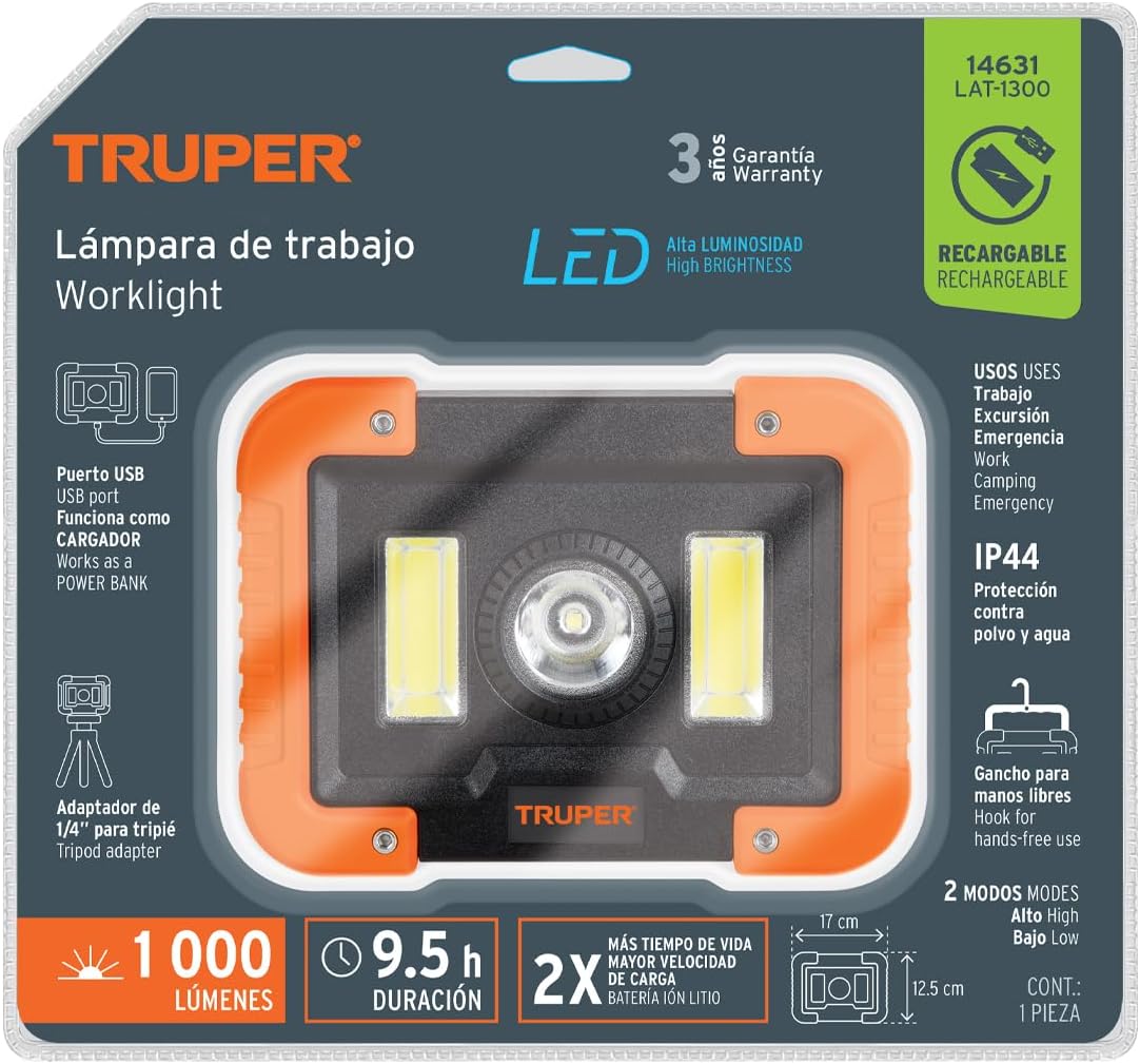 TRUPER LAT-1300, Lámpara LED recargable de trabajo, 1000 lúmenes