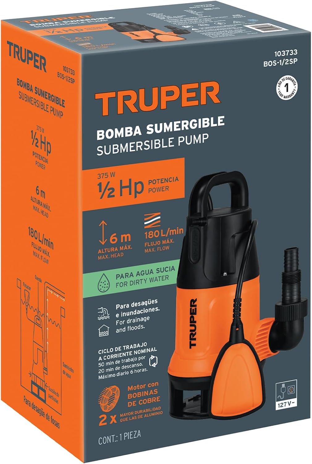 Truper BOS-1/2SP, Bomba sumergible plástica, 1/2 HP para agua sucia