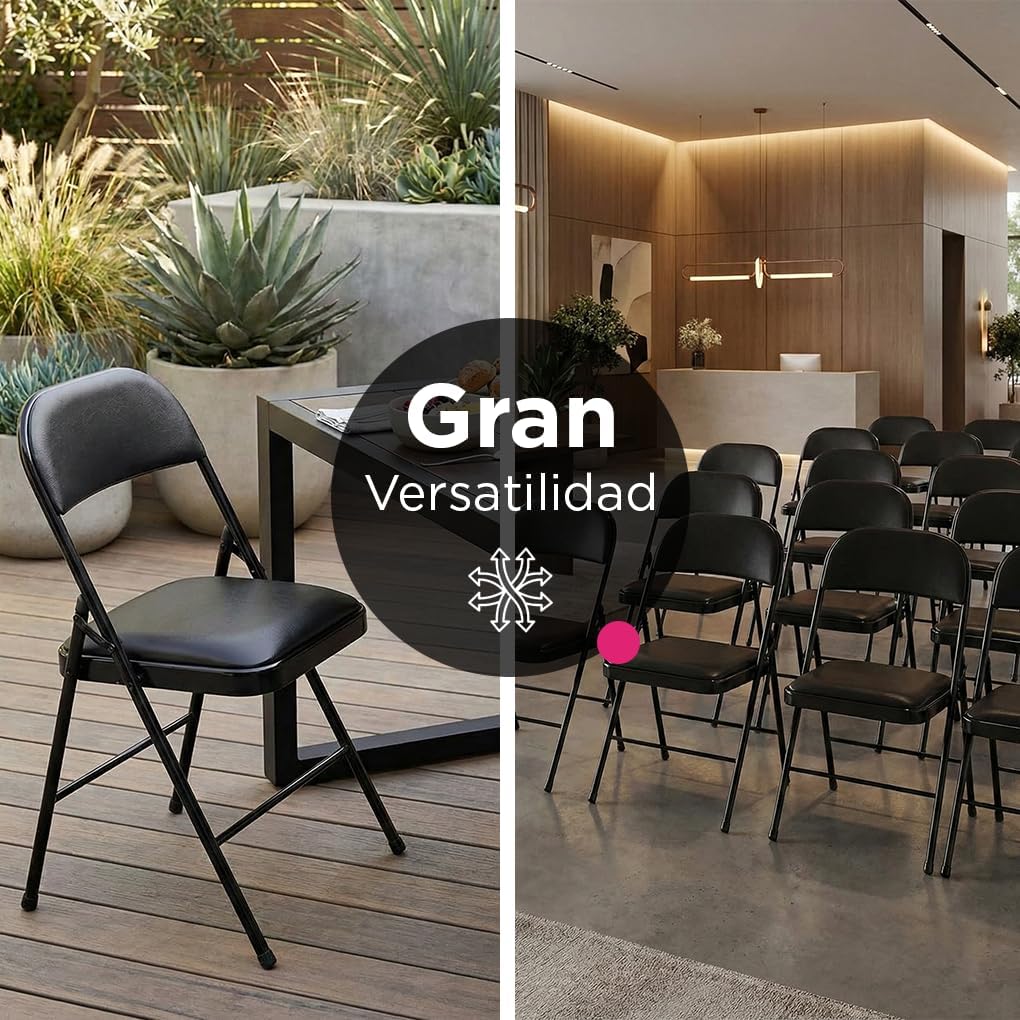 VANLIG | Set 4 Sillas Plegables Acolchadas Negras | Asiento Cómodo con Respaldo | Estructura Metálica Resistente | Cuero