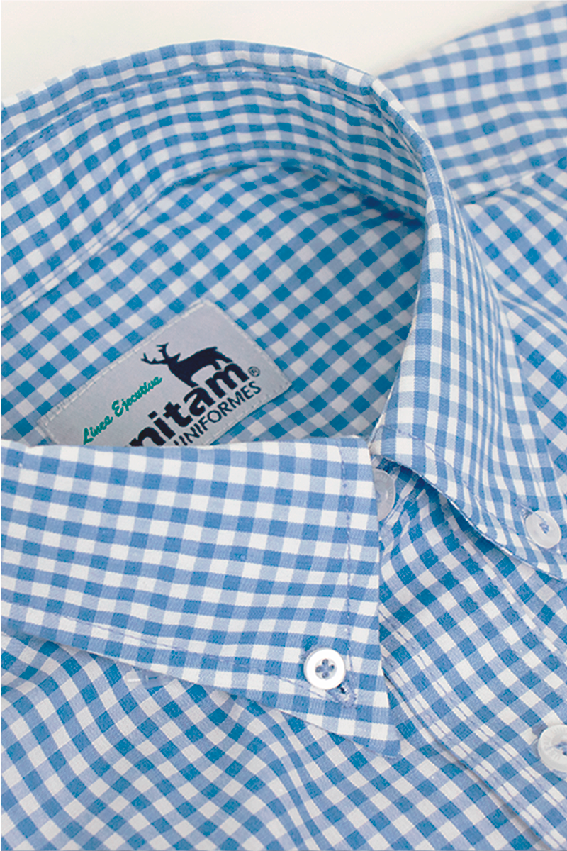 CAMISA EJECUTIVA MANGA LARGA CUADROS GINGHAM CELESTE CABALLERO