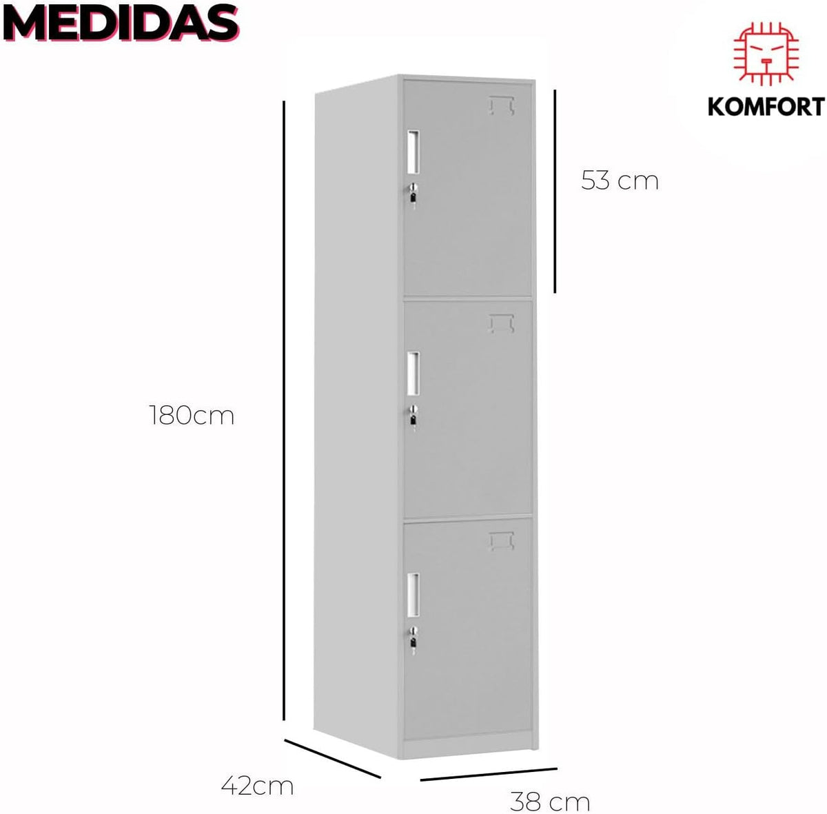 Komfort Locker Casillero 3 Puertas Acero Inoxidable con Juego de Llaves (Gris)
