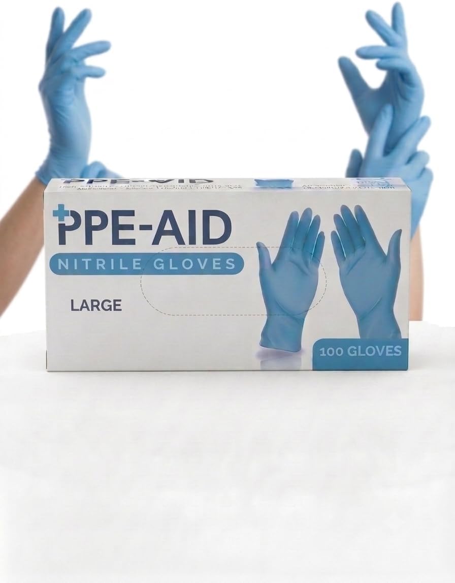 PPE-AID 100 Guantes de Nitrilo Desechables, Color Azul, Sin Látex, Sin Polvo, Diseño Ambidiestro, Alta Flexibilidad y Re