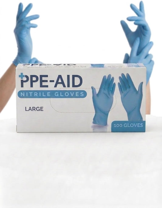 PPE-AID 100 Guantes de Nitrilo Desechables, Color Azul, Sin Látex, Sin Polvo, Diseño Ambidiestro, Alta Flexibilidad y Re
