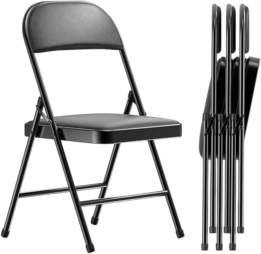VANLIG | Set 4 Sillas Plegables Acolchadas Negras | Asiento Cómodo con Respaldo | Estructura Metálica Resistente | Cuero