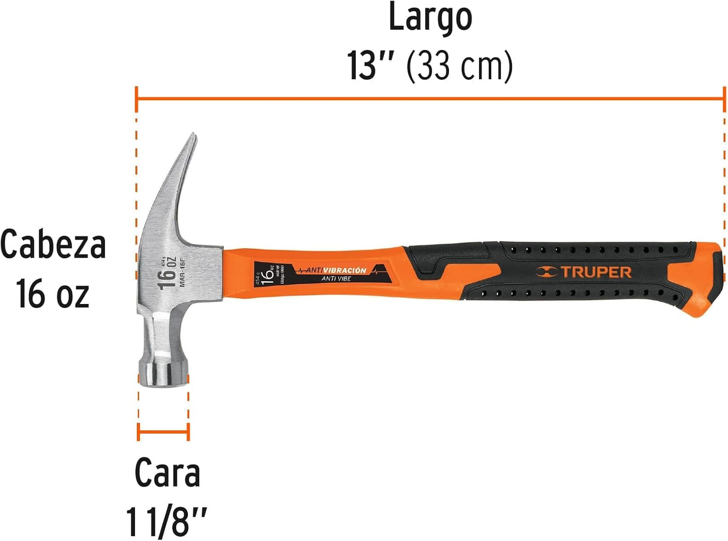 Truper MAR-16F, Martillo de uña recta, 16 oz, mango fibra de vidrio