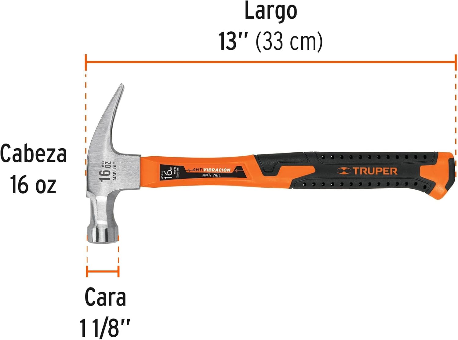 Truper MAR-16F, Martillo de uña recta, 16 oz, mango fibra de vidrio
