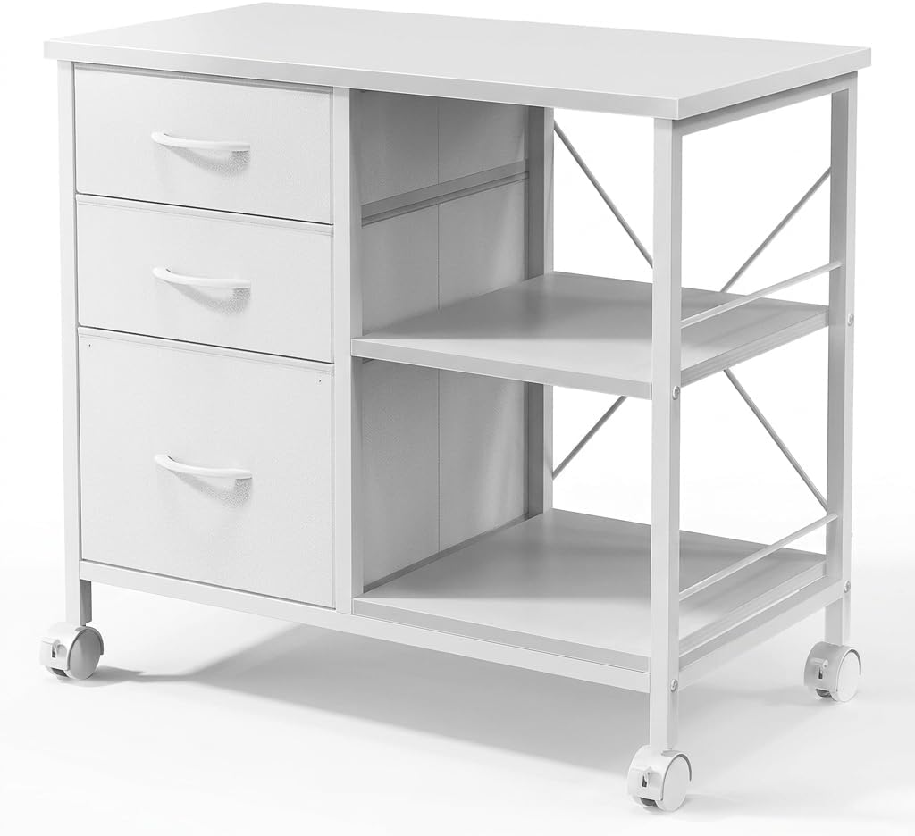 Archivador móvil de 3 cajones, gabinete de almacenamiento de oficina industrial blanco con estante abierto, soporte para