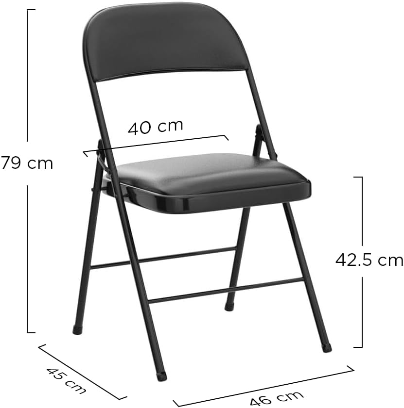 VANLIG | Set 4 Sillas Plegables Acolchadas Negras | Asiento Cómodo con Respaldo | Estructura Metálica Resistente | Cuero