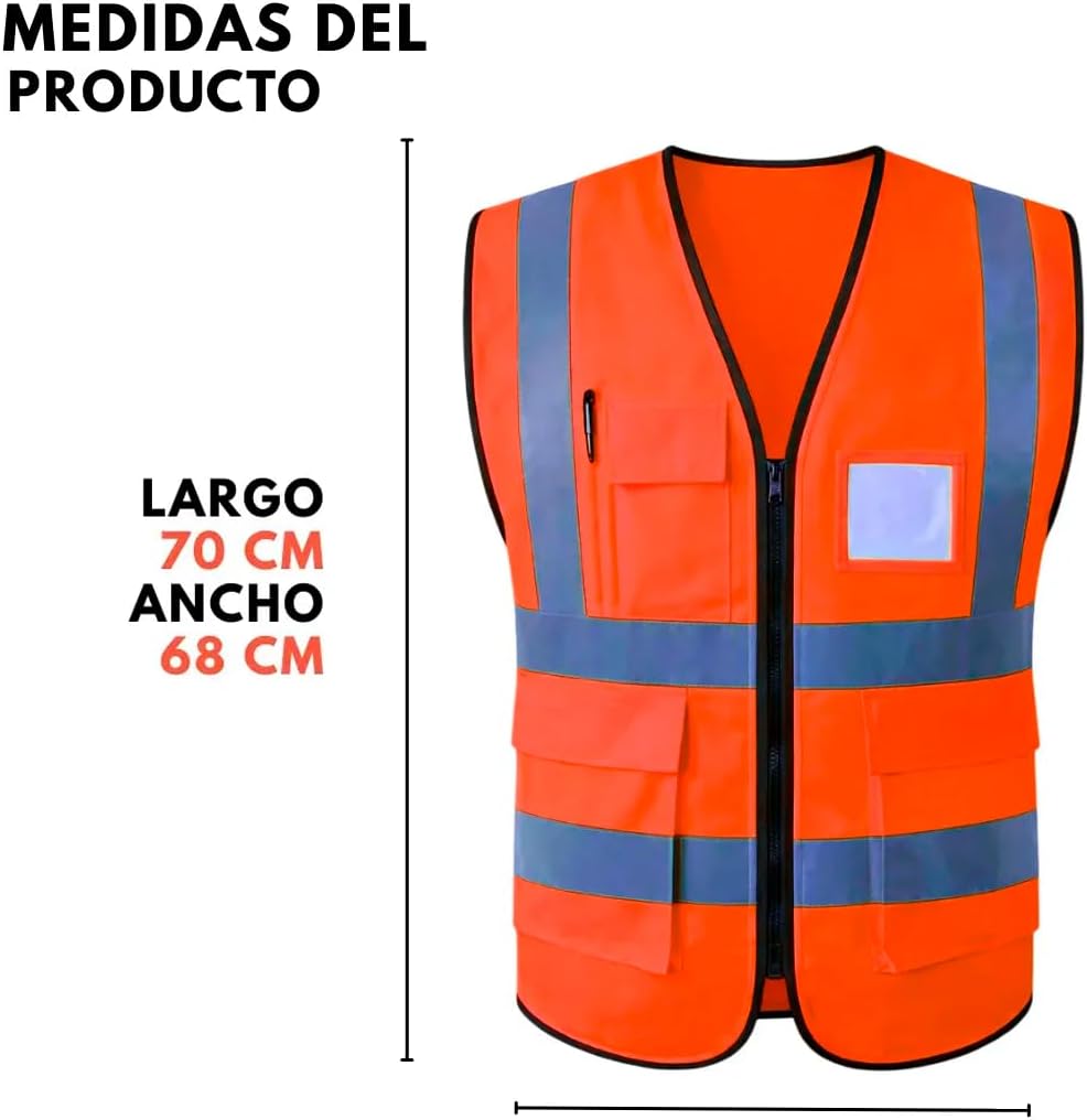 Chaleco de Seguridad Reflejante con Portacredencial Cierre y 3 Bolsillos Trabajo Industrial Brigadista Multiusos Alta Vi