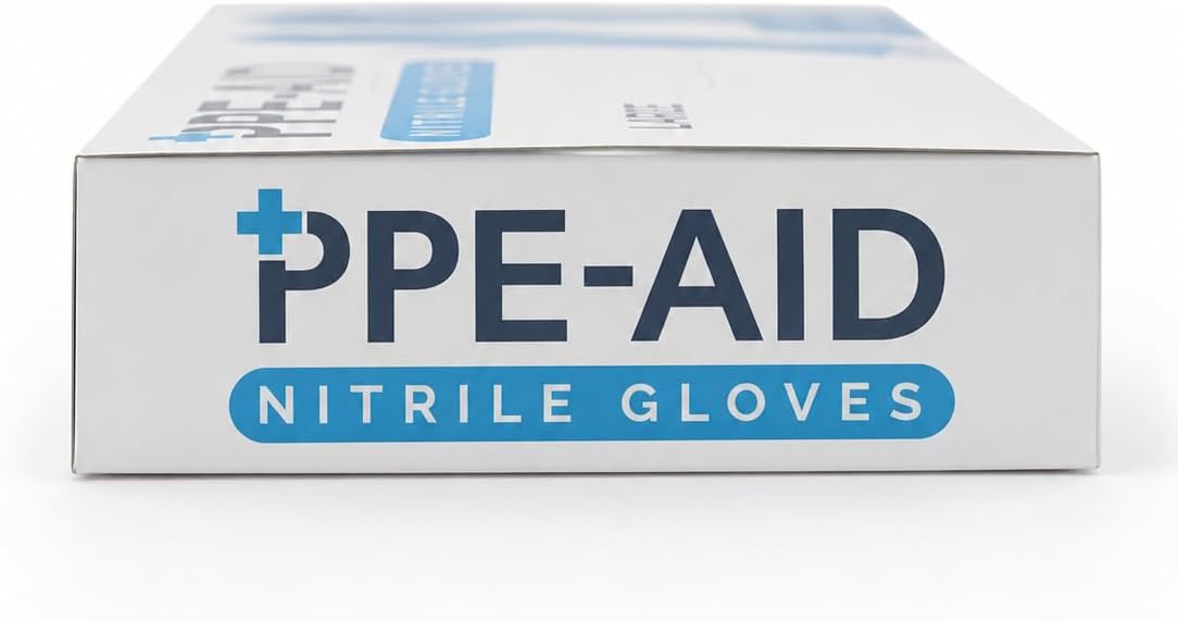 PPE-AID 100 Guantes de Nitrilo Desechables, Color Azul, Sin Látex, Sin Polvo, Diseño Ambidiestro, Alta Flexibilidad y Re