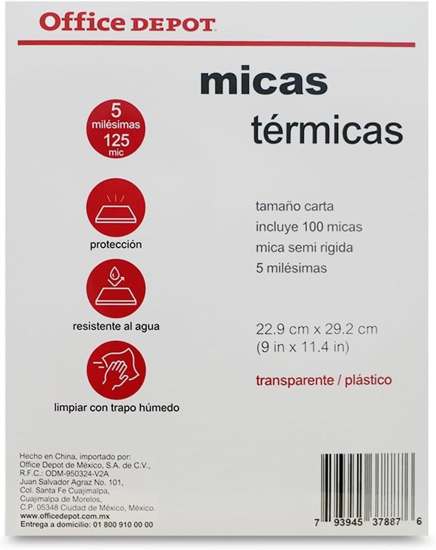 Office Depot Micas termicas | Semi Rigida | Tamaño Carta | 100 Piezas | Trasparente