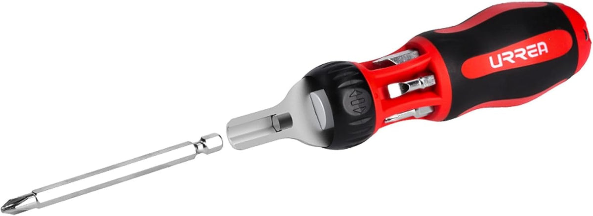 Urrea 9308L Destornillador con mango bimaterial de matraca con puntas largas intercambiables 7 en 1