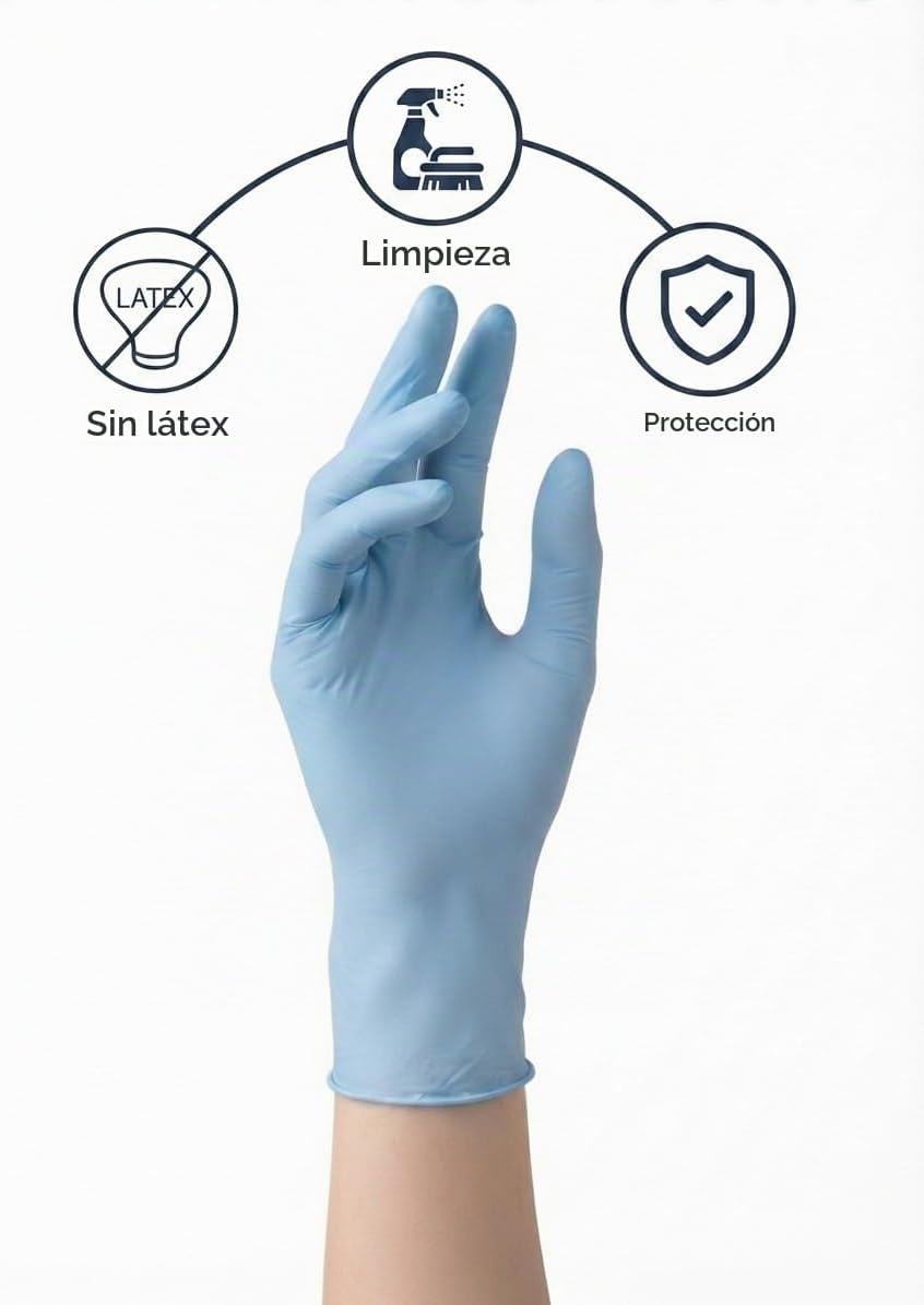 PPE-AID 100 Guantes de Nitrilo Desechables, Color Azul, Sin Látex, Sin Polvo, Diseño Ambidiestro, Alta Flexibilidad y Re