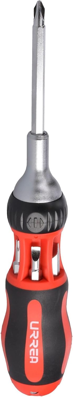 Urrea 9308L Destornillador con mango bimaterial de matraca con puntas largas intercambiables 7 en 1