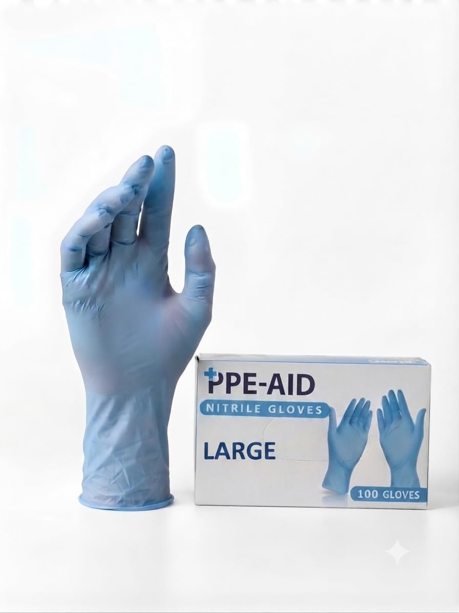PPE-AID 100 Guantes de Nitrilo Desechables, Color Azul, Sin Látex, Sin Polvo, Diseño Ambidiestro, Alta Flexibilidad y Re