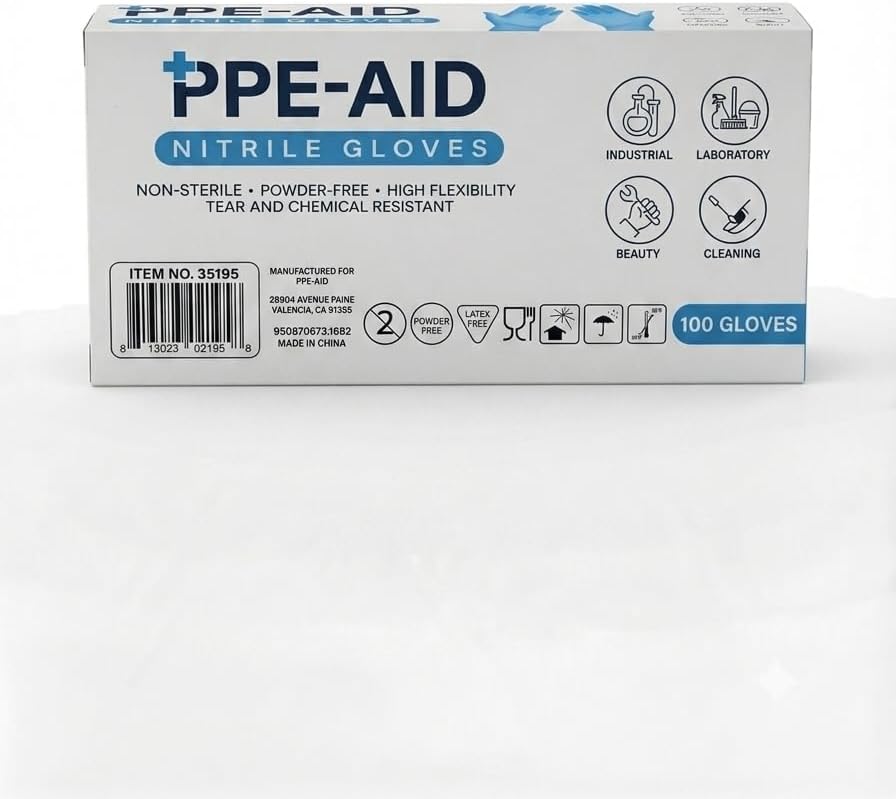 PPE-AID 100 Guantes de Nitrilo Desechables, Color Azul, Sin Látex, Sin Polvo, Diseño Ambidiestro, Alta Flexibilidad y Re