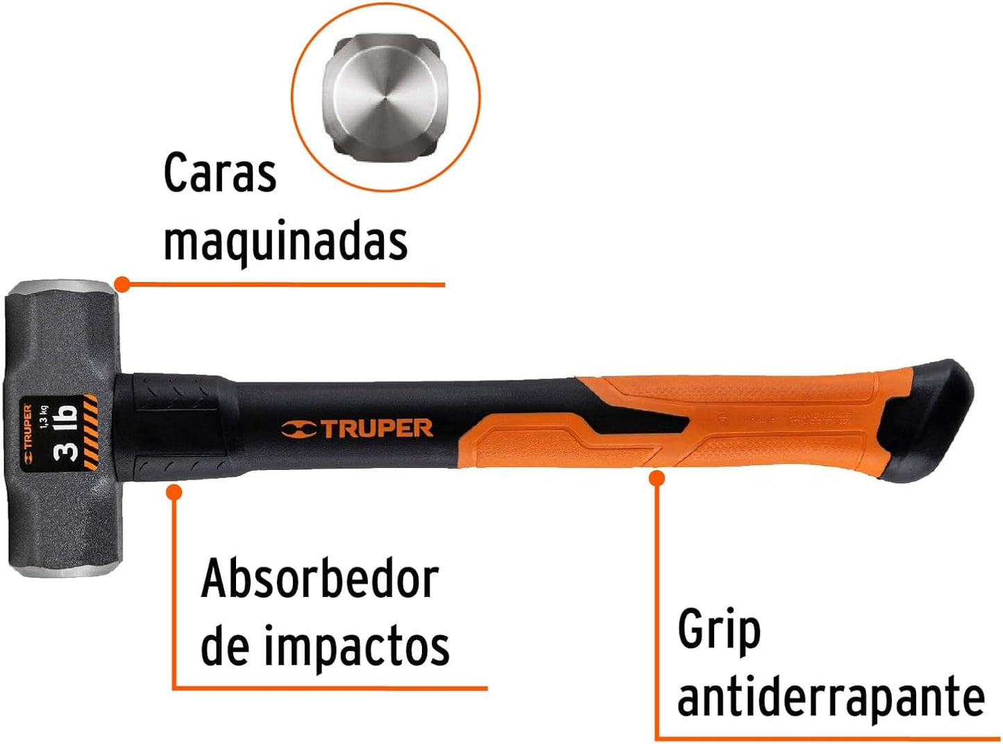 Truper MD-3F, Marro octagonal 3 lbs, mango fibra de vidrio