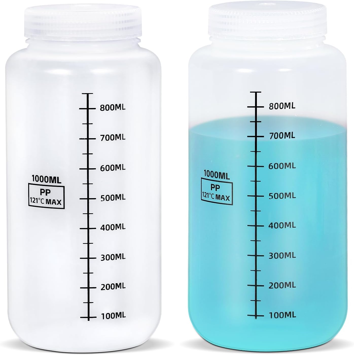 Botellas de plástico de boca ancha de 34 oz/1000 ml con tapas herméticas, recipientes graduados de polipropileno a prueb