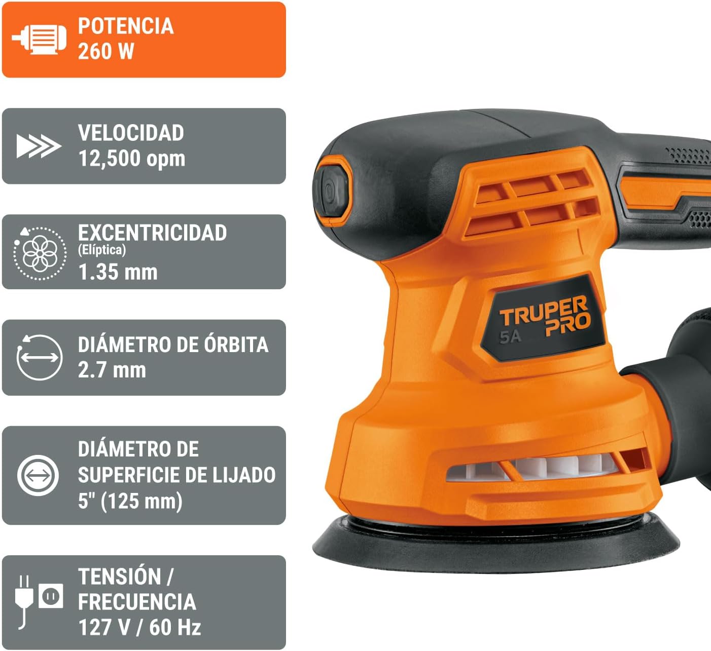 Truper PRO LIRO-5A2, Lijadora roto orbital 5", 260W
