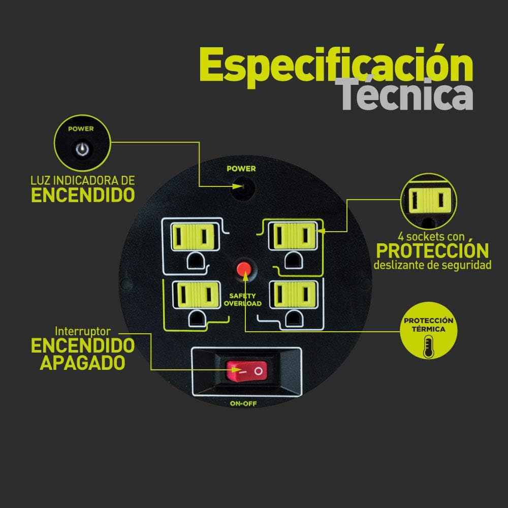 Extensión Eléctrica de 40 Mts Tipo Carrete para Uso Rudo, Calibre 14 AWG, con 4 Multicontactos y Switch + Indicador LED