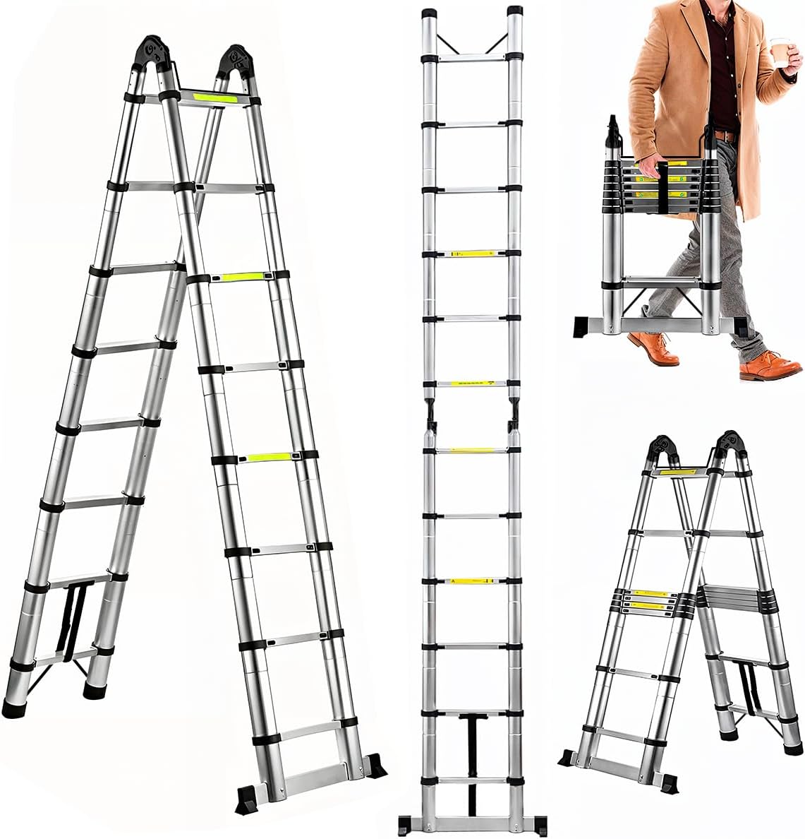 Raganet, Escalera Telescópica Plegable, Escalera de Tijera Altura Ajustable con Escalones, Aluminio Reforzado y Duradero