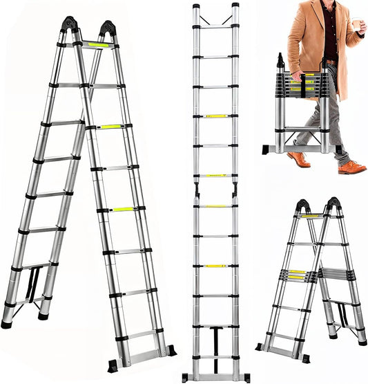 Raganet, Escalera Telescópica Plegable, Escalera de Tijera Altura Ajustable con Escalones, Aluminio Reforzado y Duradero