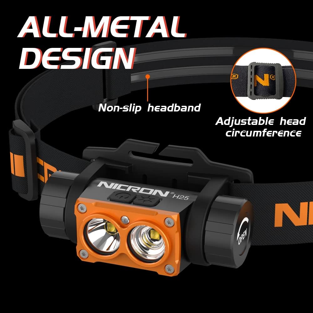 NICRON Linterna Led Recargable por USB para Emergencias Ligera E Impermeable 7 Modos Cinta Ajustable para La Cabeza Adec