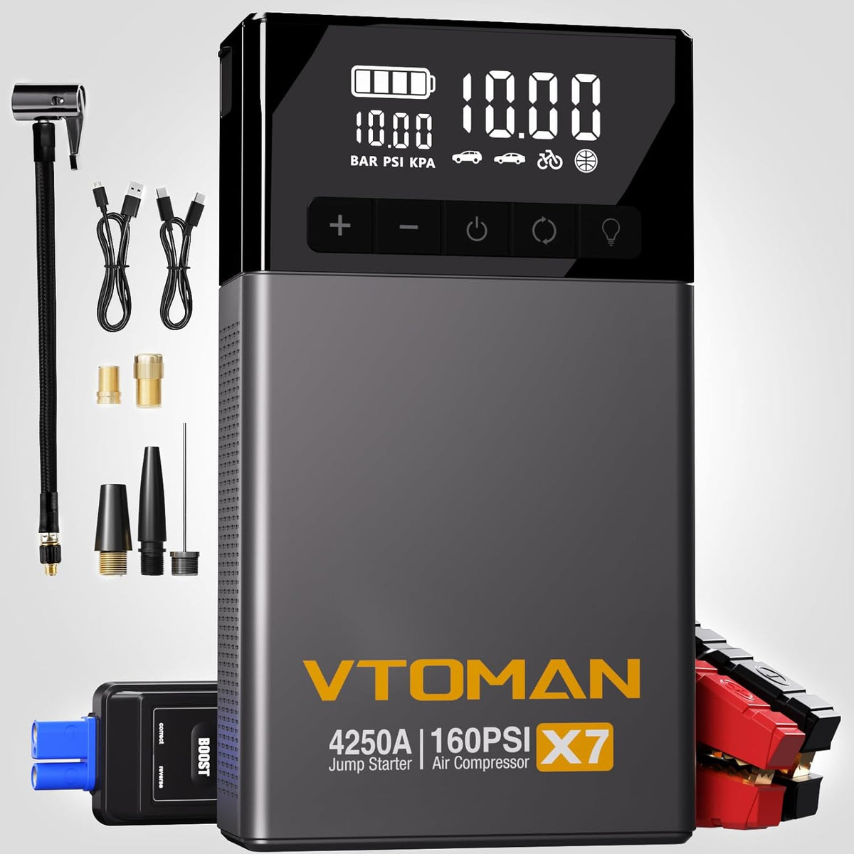 VTOMAN X7 arrancador con compresor de aire, 4250A & 160PSI para camionetas pickup y SUV, batería para auto, portátil (10
