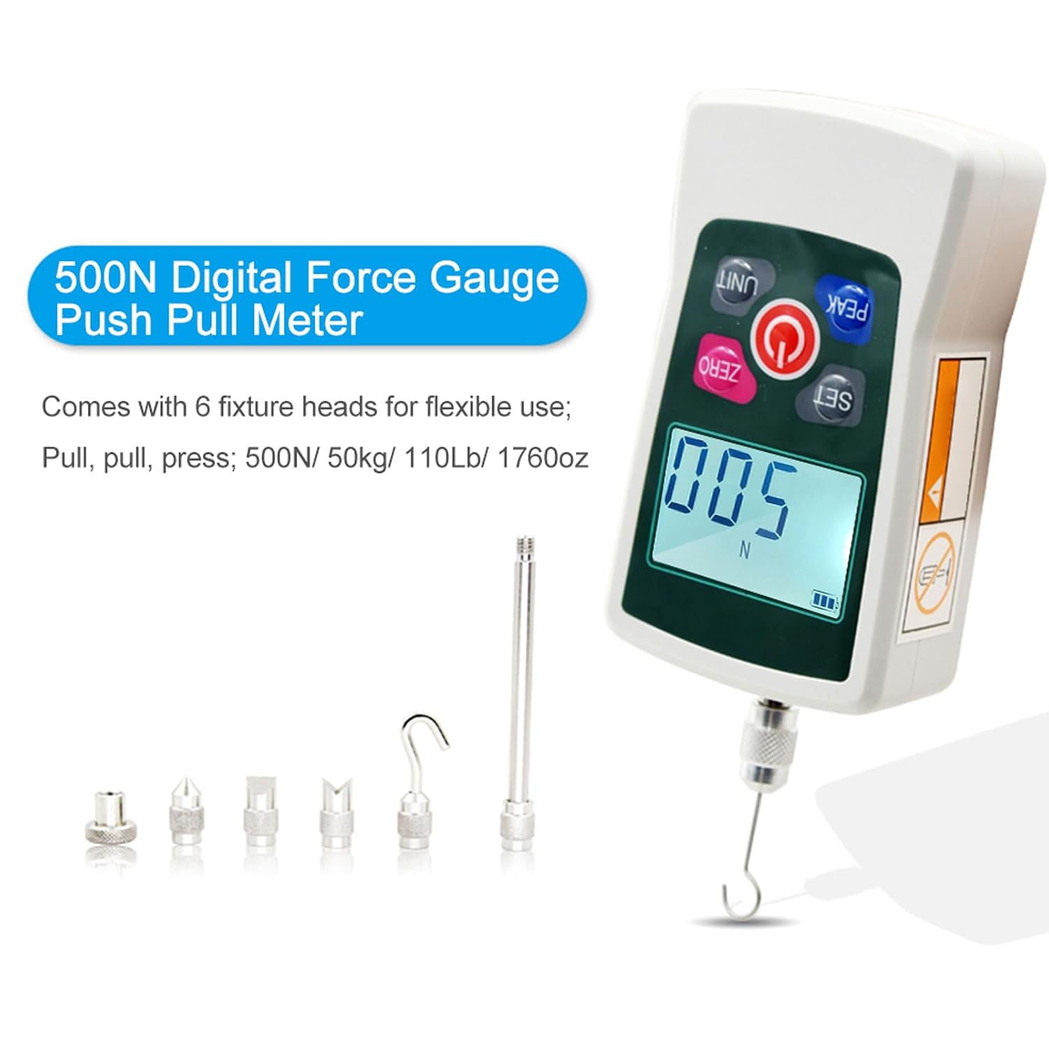 WALFRONT 500n Medidor de Fuerza Digital Portable Push Pull Force Meder con Pantalla de Retroiluminación 4 Unidades de Co
