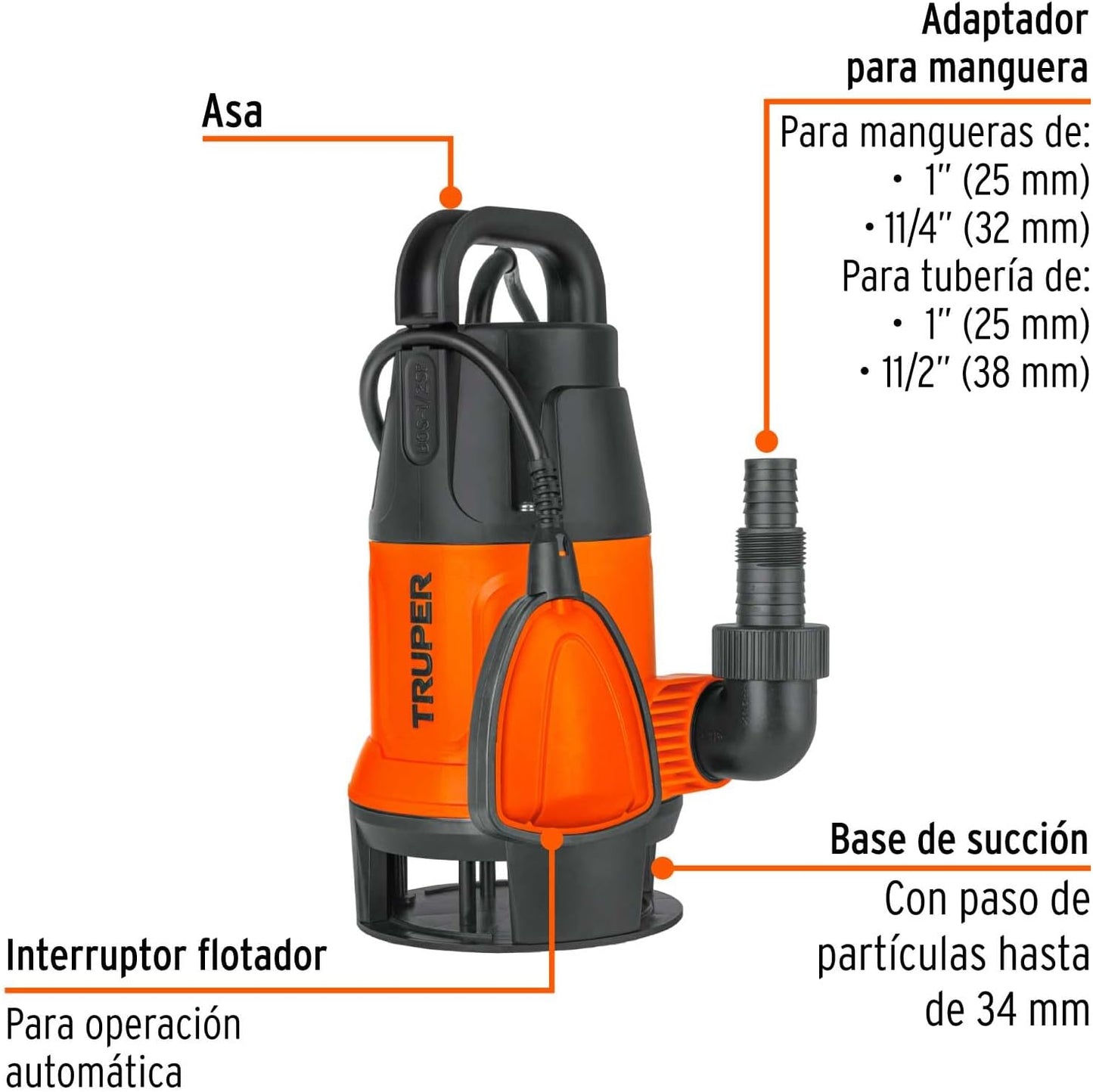 Truper BOS-1/2SP, Bomba sumergible plástica, 1/2 HP para agua sucia
