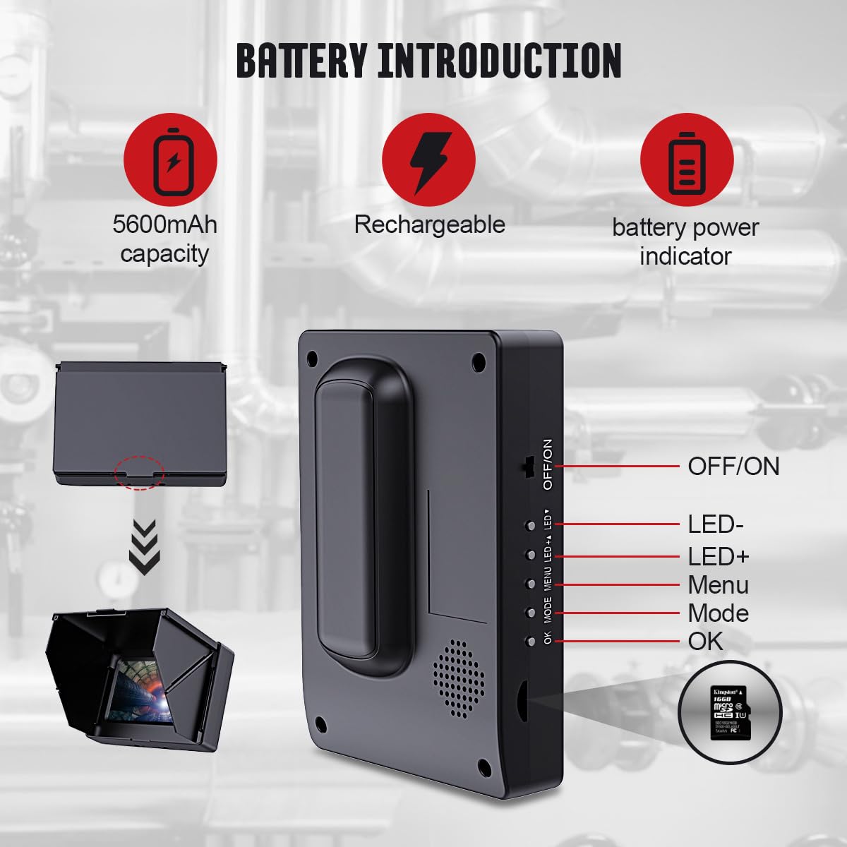 Cámara de Alcantarillado 30m/100ft 4.3" Cámara de Inspección de Tuberías con DVR de 16G, Boroscopio Impermeable IP68 con