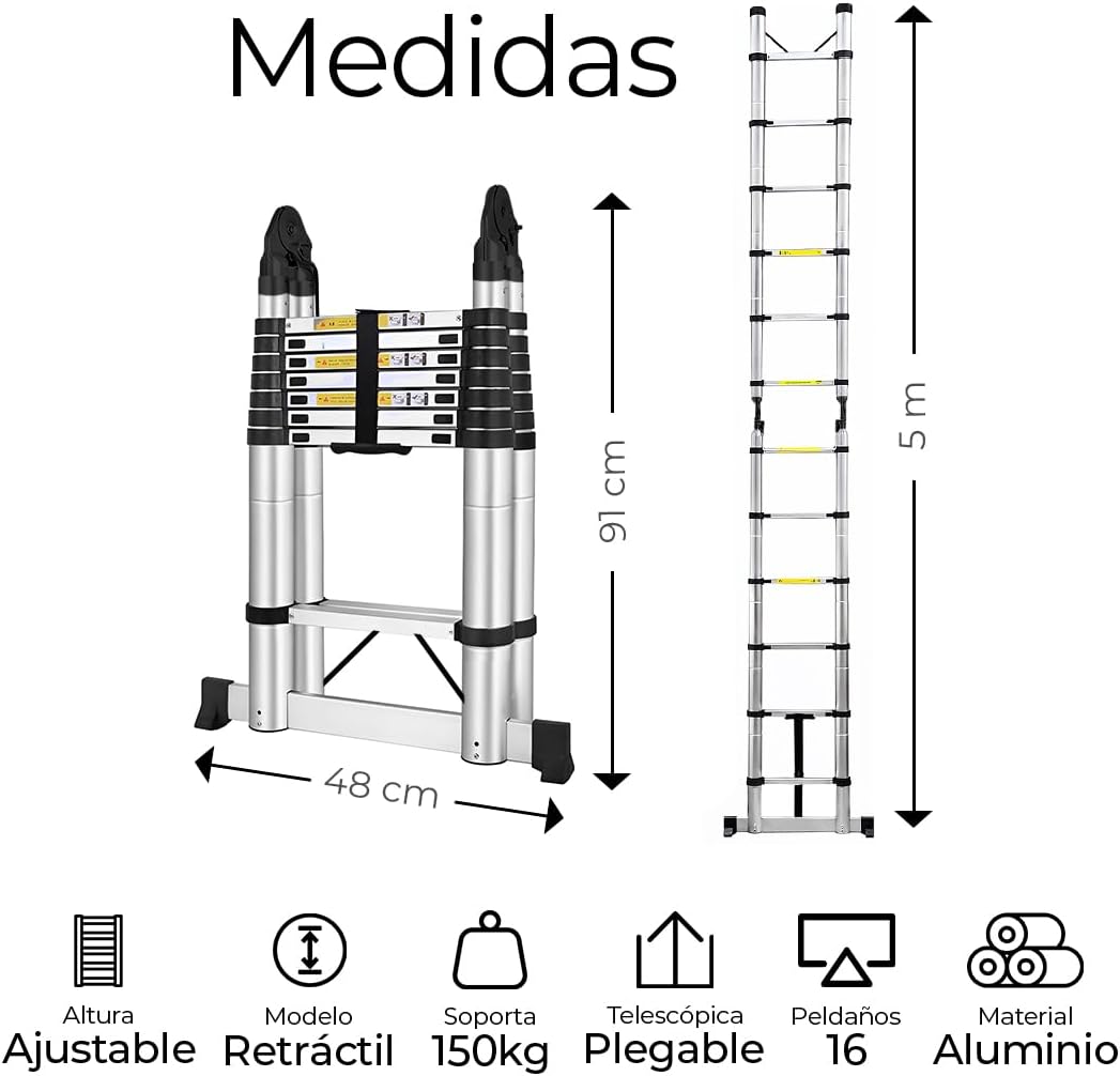 Raganet, Escalera Telescópica Plegable, Escalera de Tijera Altura Ajustable con Escalones, Aluminio Reforzado y Duradero