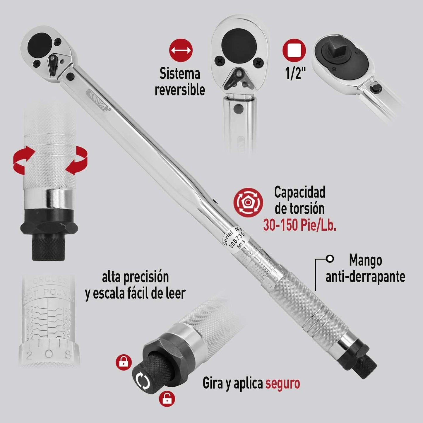 Knova Torquimetro tipo trueno profesional 1/2" con capacidad de 30-150 Pie/Lb, extensión 1/2" x 5" y adaptador 1/2" H x 