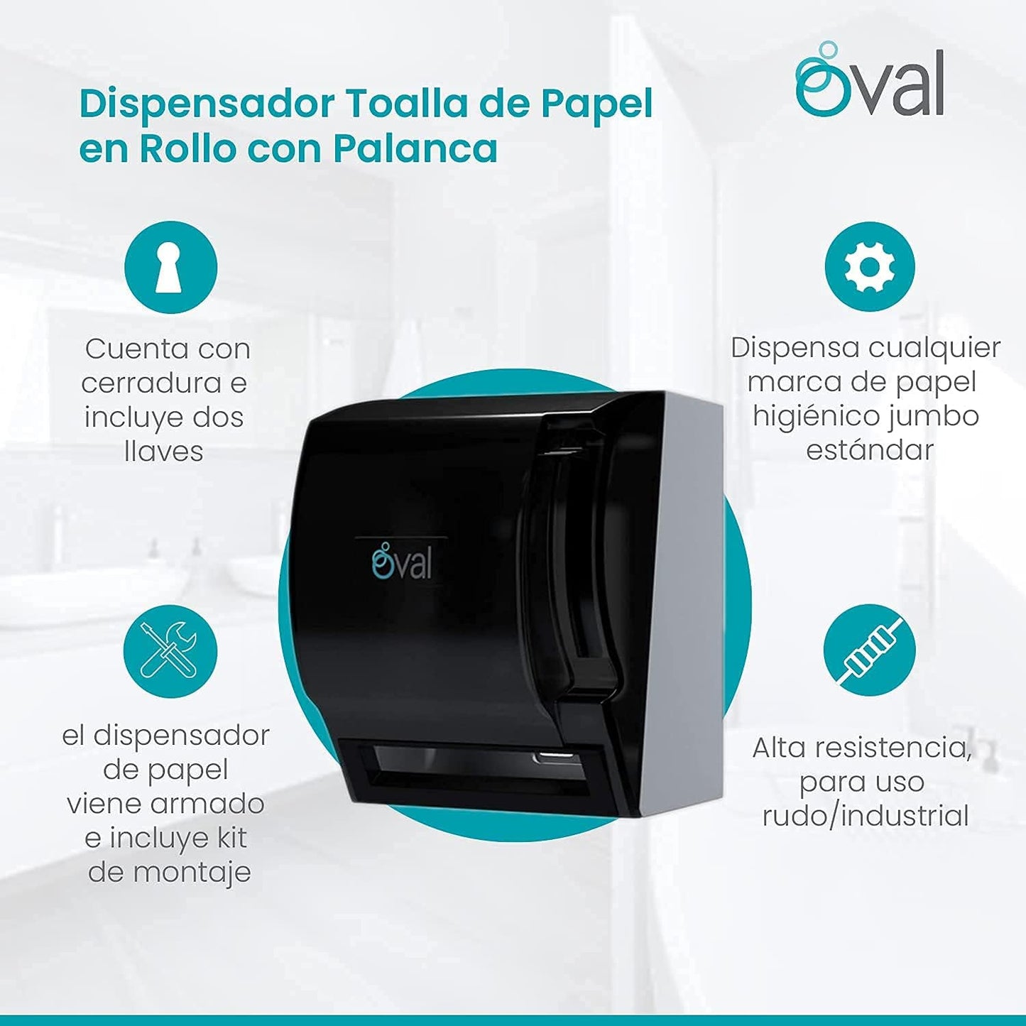 OVAL Dispensador Toalla de Papel en Rollo con Palanca para acción Manual | Uso Rudo | Color Humo | Despachador de Toalla