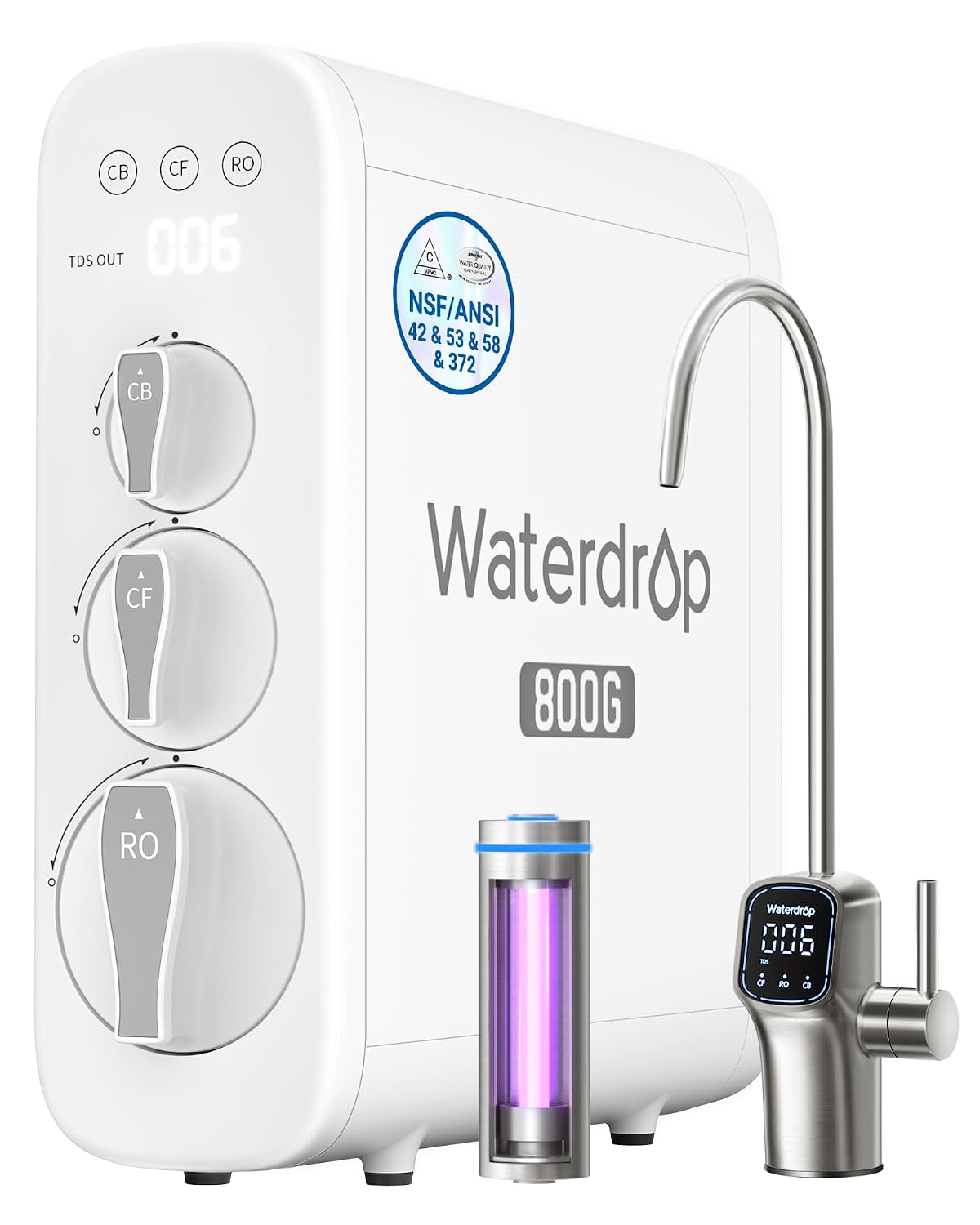 Waterdrop G3P800 de ósmosis inversa, 800 GPD de flujo rápido, NSF/ANSI 42 y 53 y 58 y 372 certificado, 3:1 puro de drena