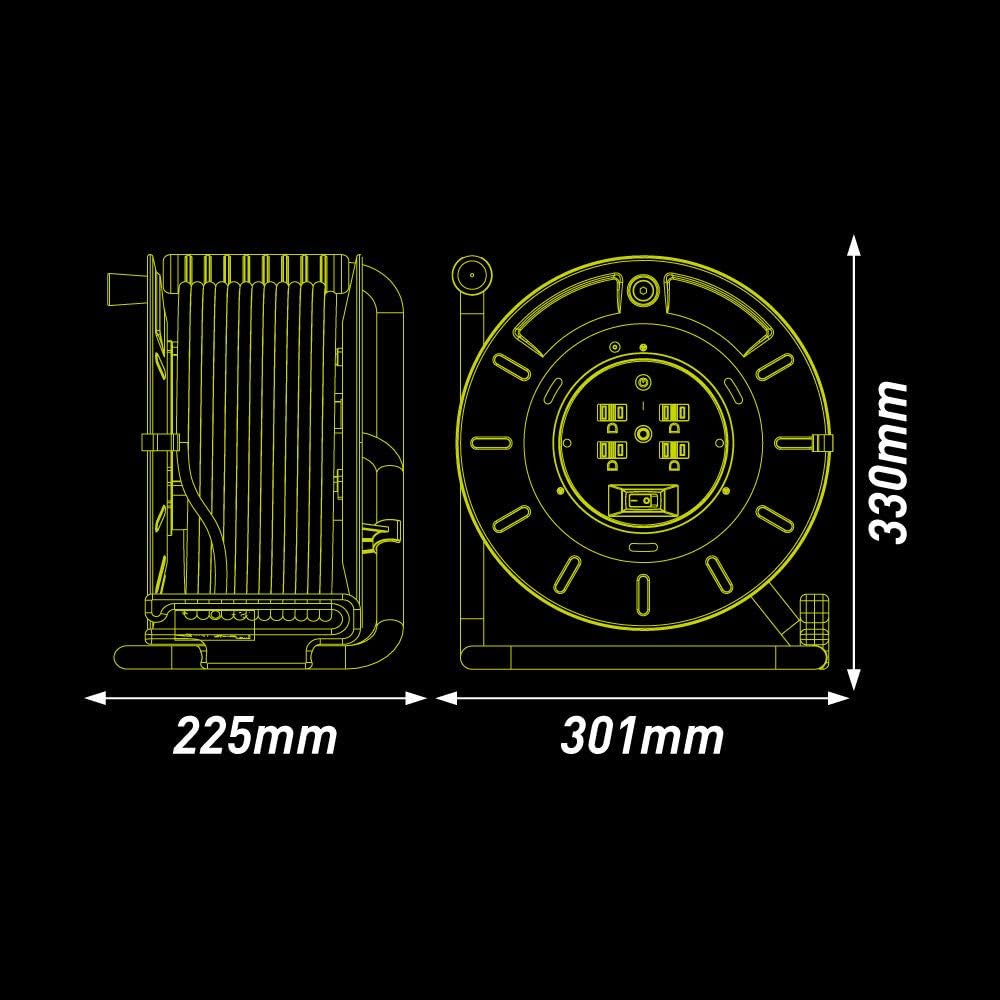 Extensión Eléctrica de 40 Mts Tipo Carrete para Uso Rudo, Calibre 14 AWG, con 4 Multicontactos y Switch + Indicador LED