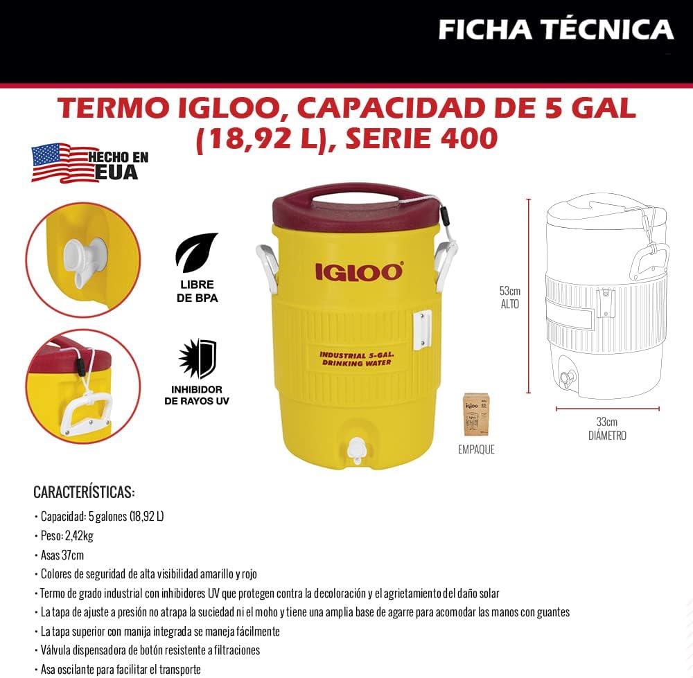 IGLOO Termo, Capacidad DE 5 GAL (18,92 L), Serie 400, Amarillo, Blanco, Rojo, Blanco IG7003