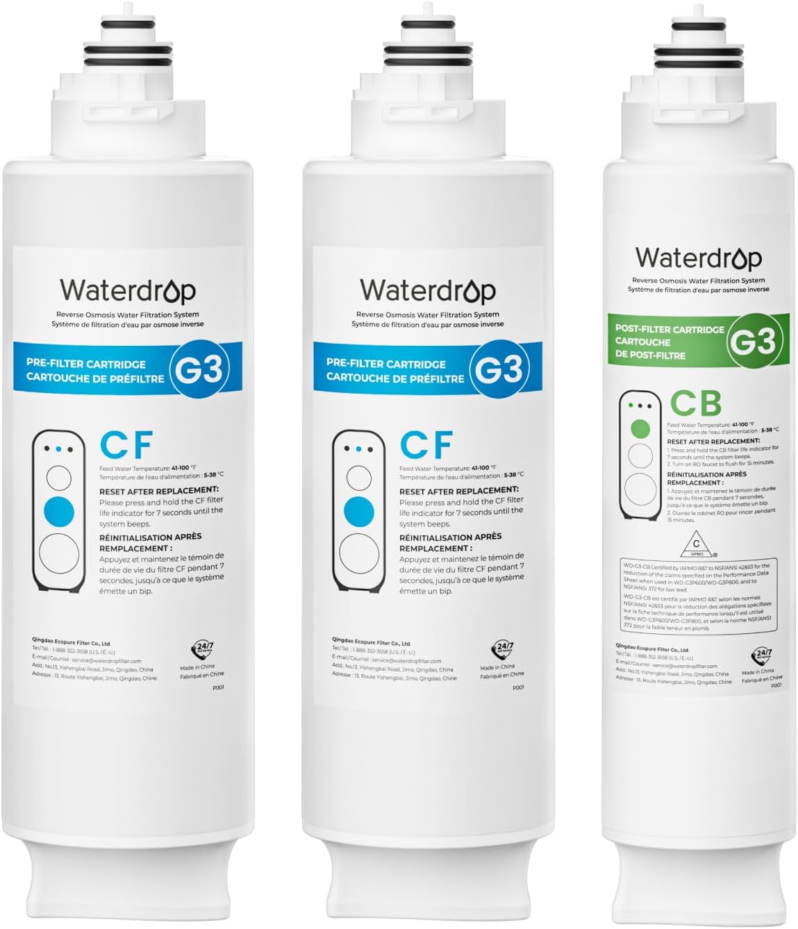 Waterdrop WD-G3-W Replacement Filter 1-Year Combo, Pack of 2 WD-G3-N1CF Filters and 1 WD-G3-N3CB Filter