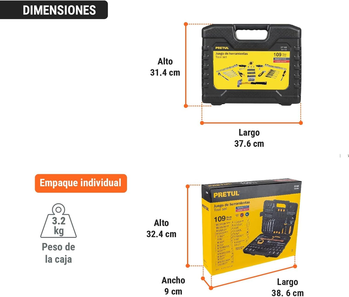 Pretul SET-109, Juego de herramientas con estuche, 109 piezas