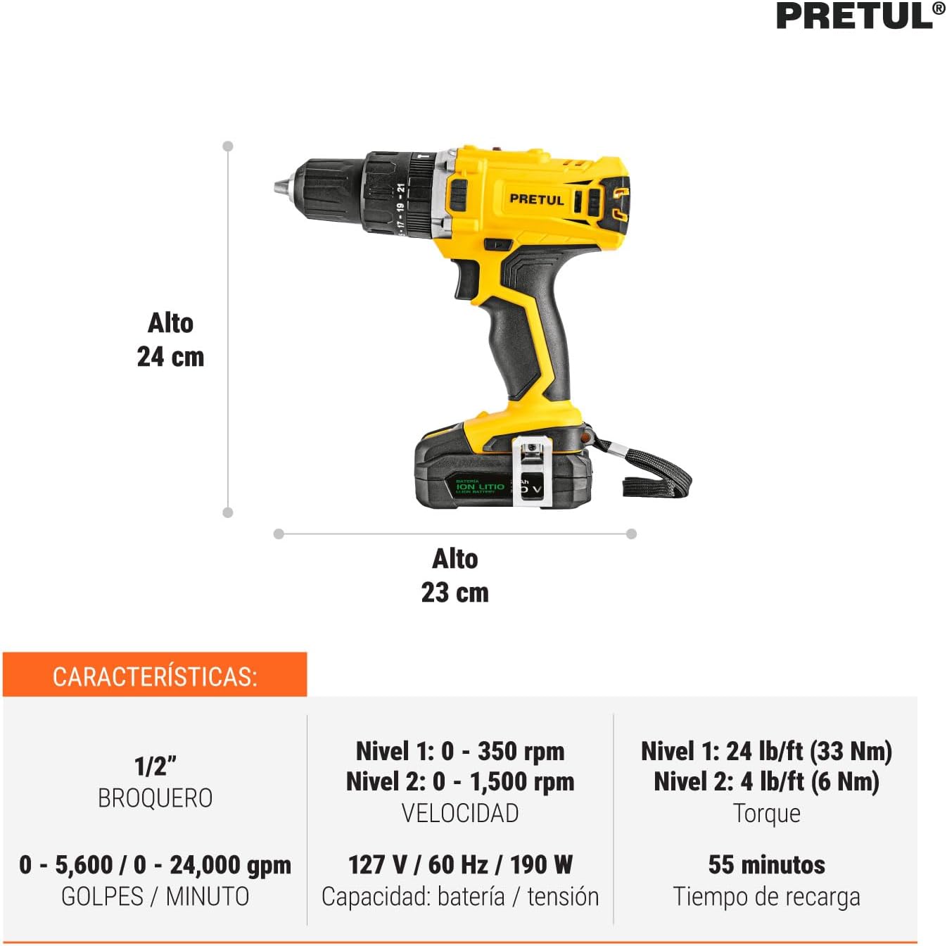 PRETUL ROTI-20P2K, Kit rotomartillo/destornillador 1/2", 20V con 32 accesorios