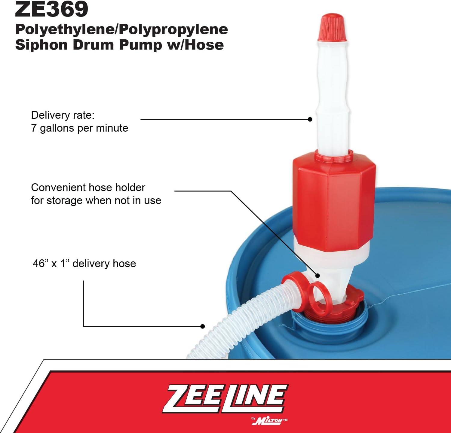ZEELINE BY MILTON ZE369W - Bomba de tambor sifón de polietileno/polipropileno con manguera (7 galones por minuto)