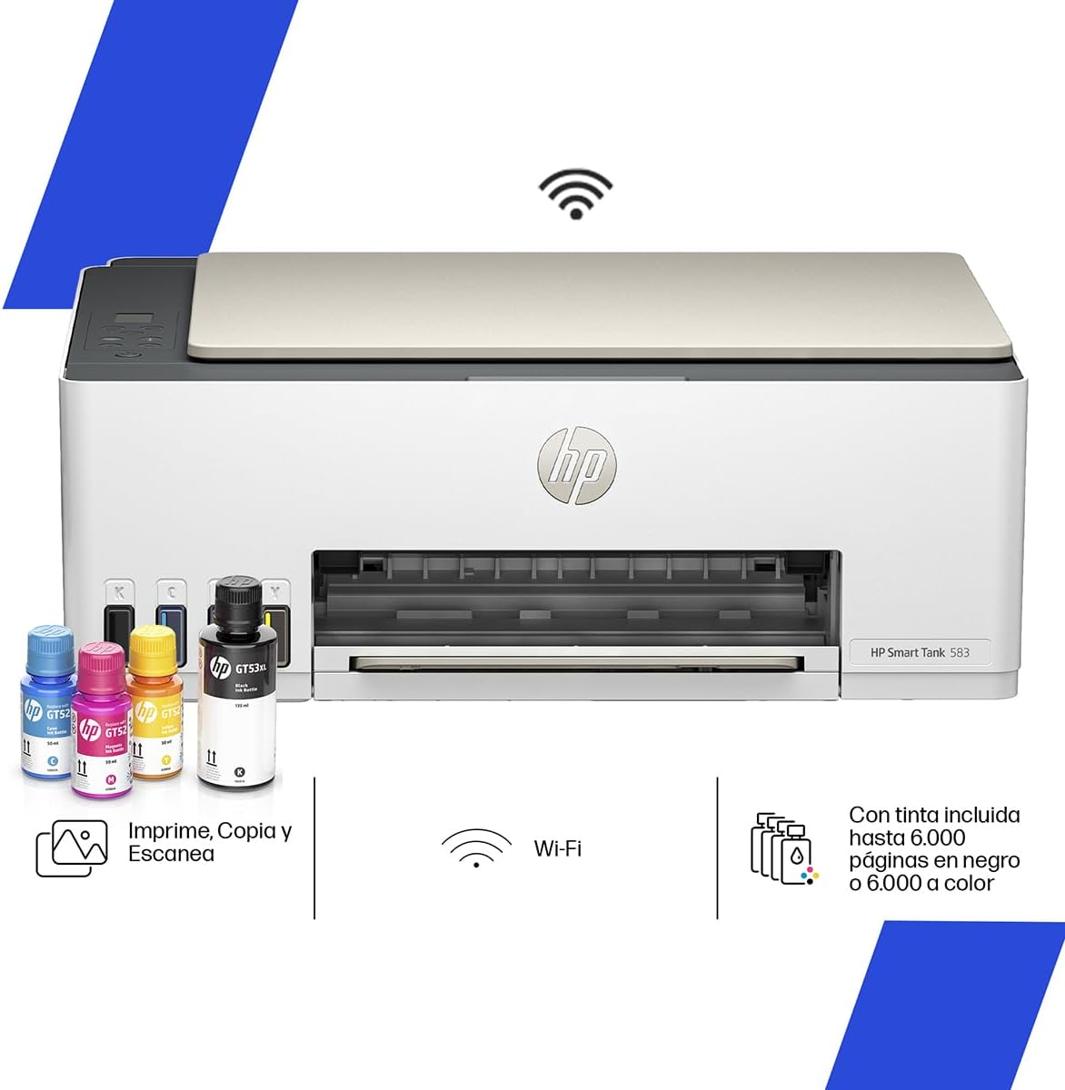HP Impresora Multifuncional Smart Tank 583, Todo-en-Uno, Tanque de Tinta, WiFi, USB, Bluetooth, Smart, AirPrint, Impresi