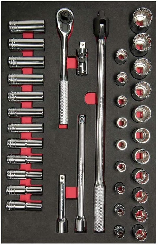 Urrea Juego de dados y accesorios Cuadro 1/2" - Metricos - Cortos & Largos 37 piezas