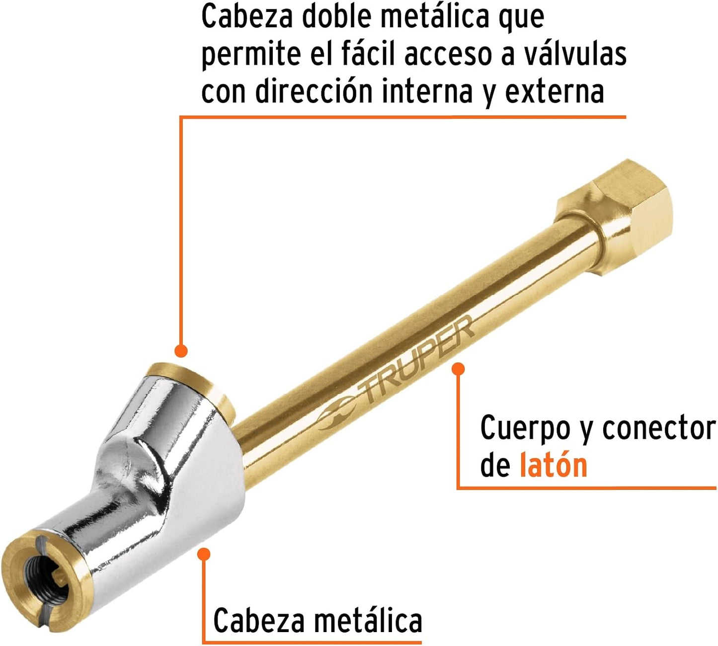 Truper VAL-INF-1/4, Válvula inflador cabeza doble, cuerda 1/4 NPT