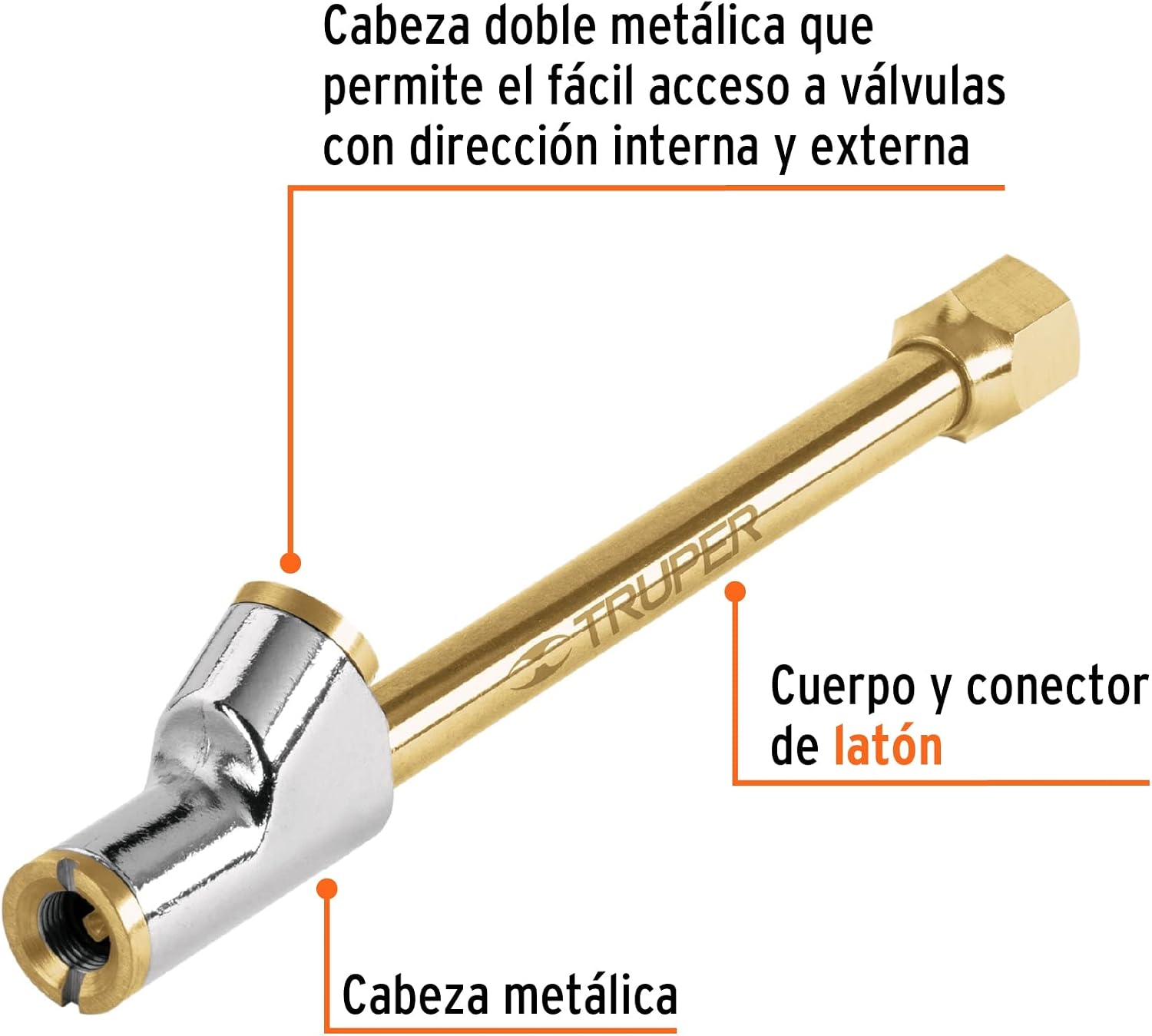 Truper VAL-INF-1/4, Válvula inflador cabeza doble, cuerda 1/4 NPT